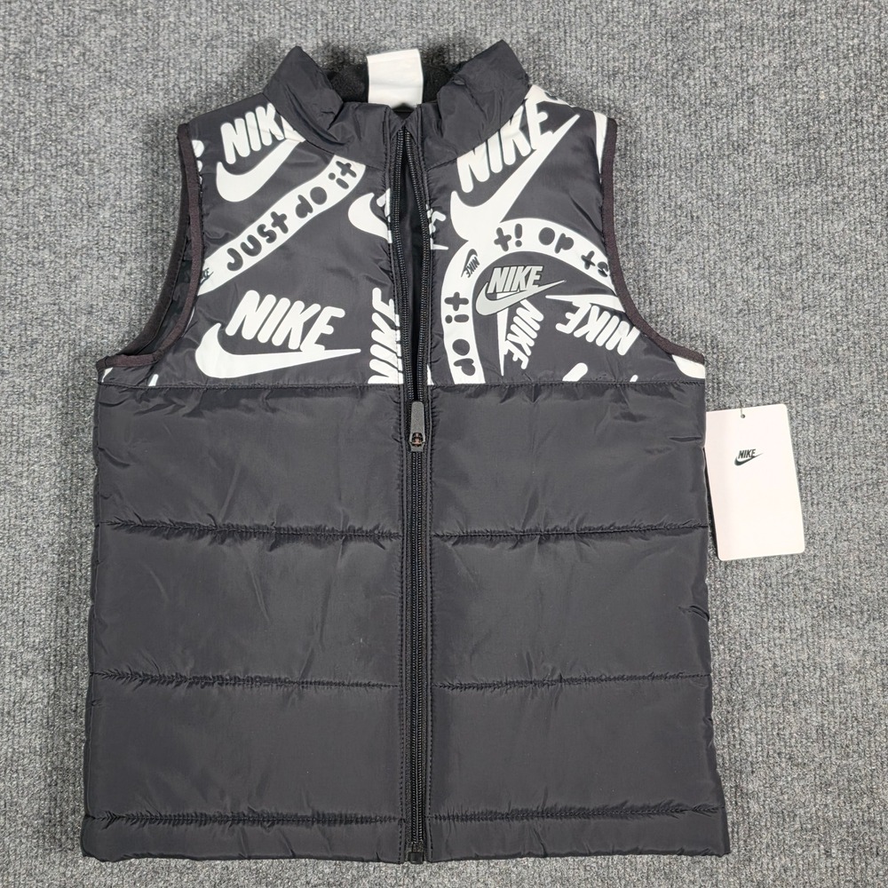 Nike Kids Puffer Vest Black White Logo Print Full Zip Size 6 5-6Y L645-023